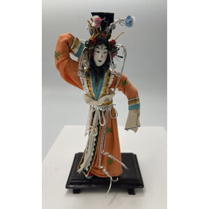 Chinese Peking Opera Doll Statue Vintage Orange Kimono 7.5” Original Box READ
